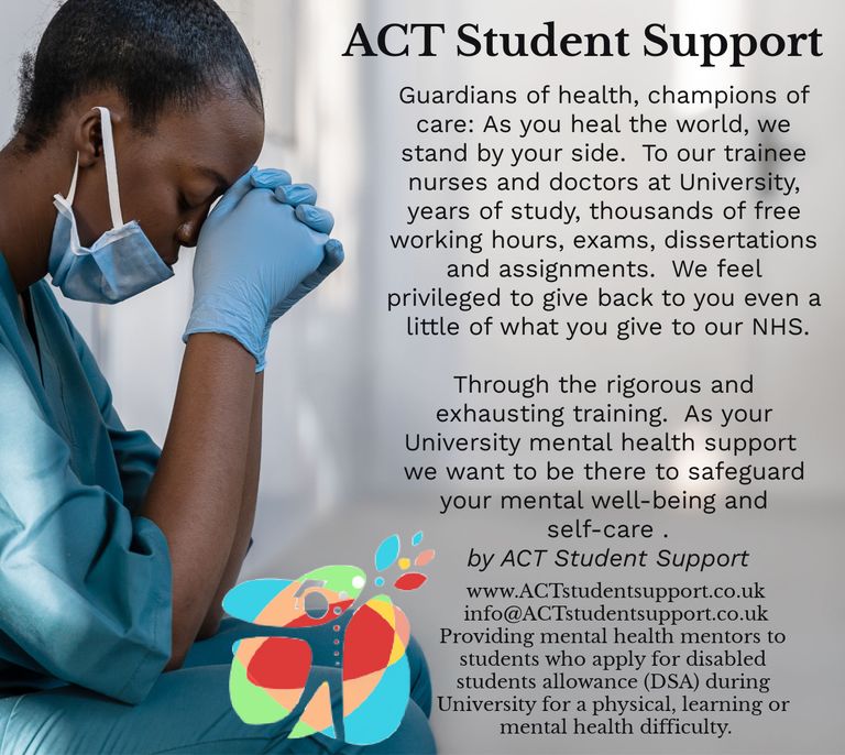 Picture has a person who is wearing a blue uniform which looks as if they work in a hospital with gloves and a mask. The post looks at support for NHS workers currently at University or higher education 