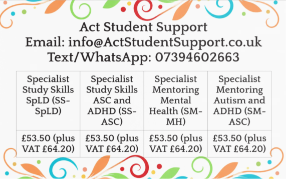 Table of the rates and roles provided by this business.  These include Specialist Mentors Mental Health, Specialist mentors Autism.  Rates are £64.20 per session