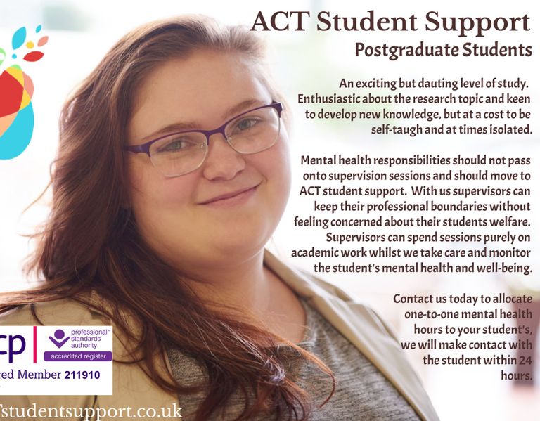 Post shows a picture of a postgraduate student and the support ACT can offer them.