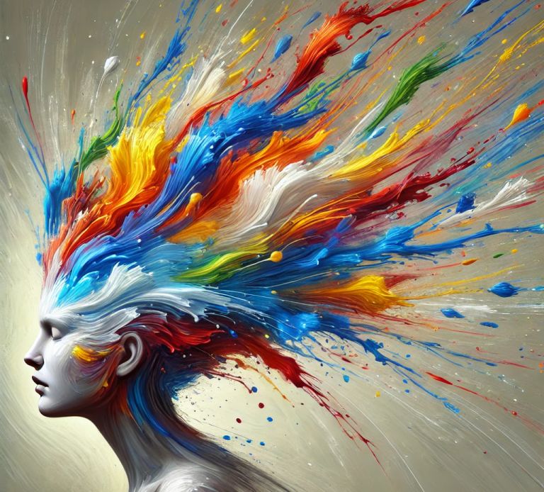 A person who is covered in multiple colours, the picture is referring to the struggles of ADHD, the rainbow paint is being expelled in all directions as if it is difficult to gather thoughts