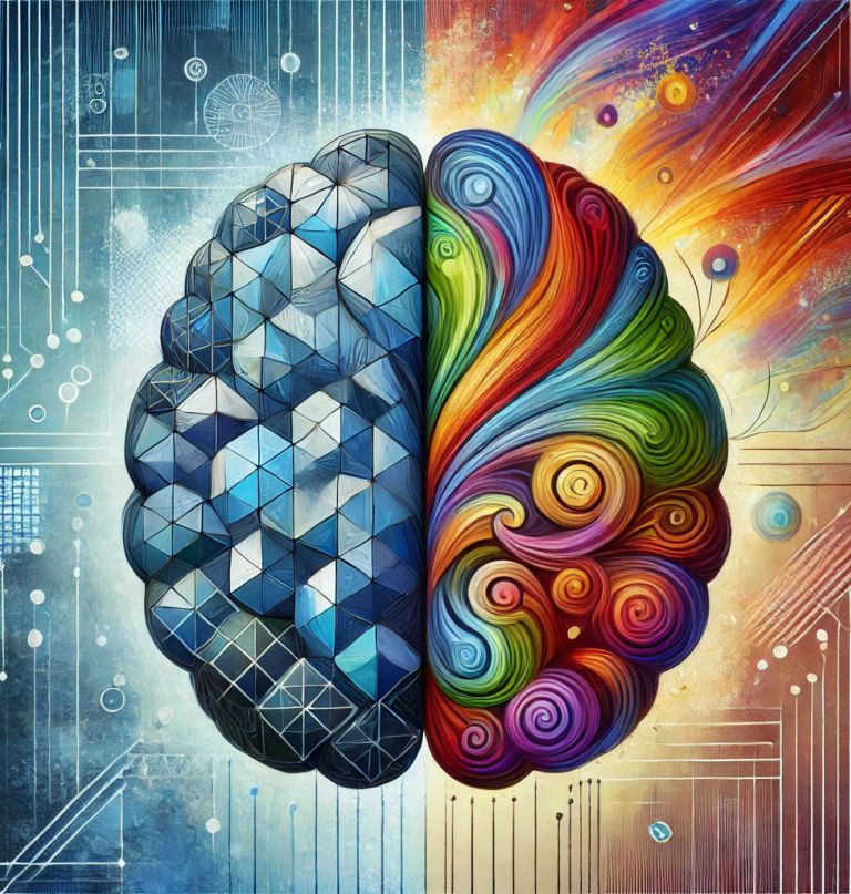 Cartoon Drawing of a brain, one side is colourful and unique, the other side is portraying logic and maths.